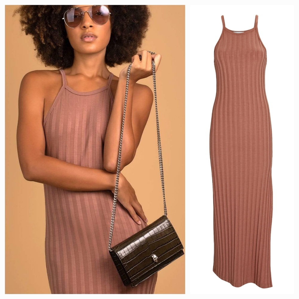 JONATHAN SIMKHA Megan Racer Back Midi Dress in Teak Medium NWT